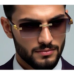 Rimless Sunglasses Men Hip Hop Black Rectangle Fashion‎ Shades Vintage Eyewear